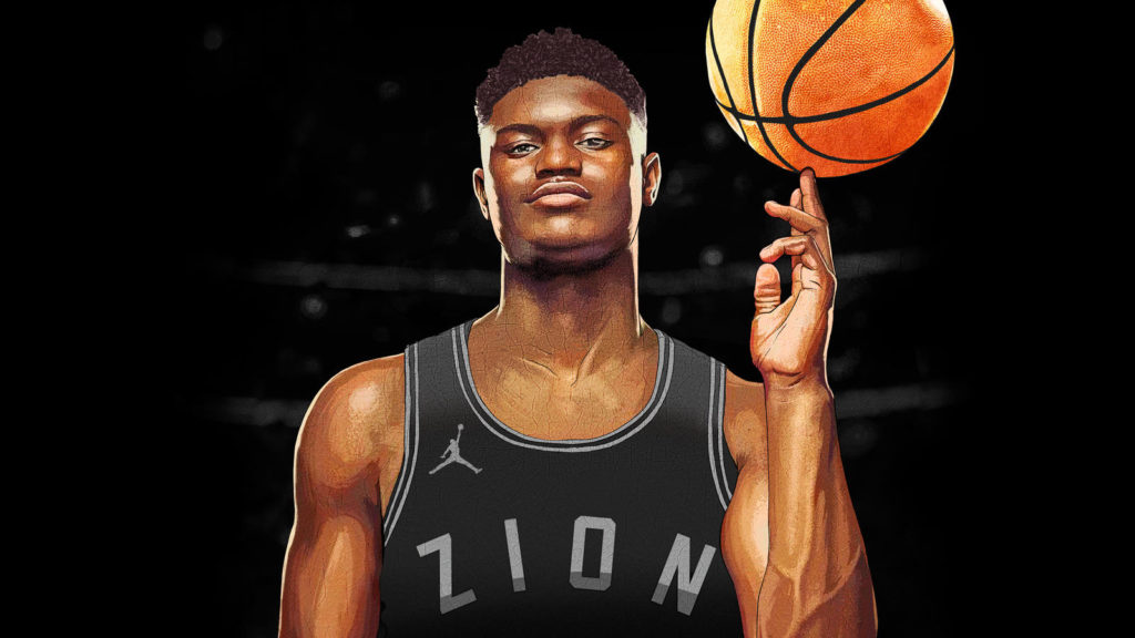 Drawing of Zion Williamson sporting jersey with Zion on the front and Jordan logo, whilst spinning basketball on finger.