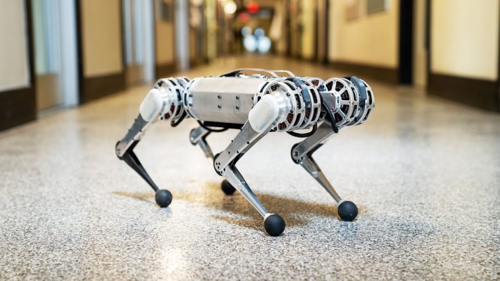 MIT's mini cheetah robot in the hallway of the college.