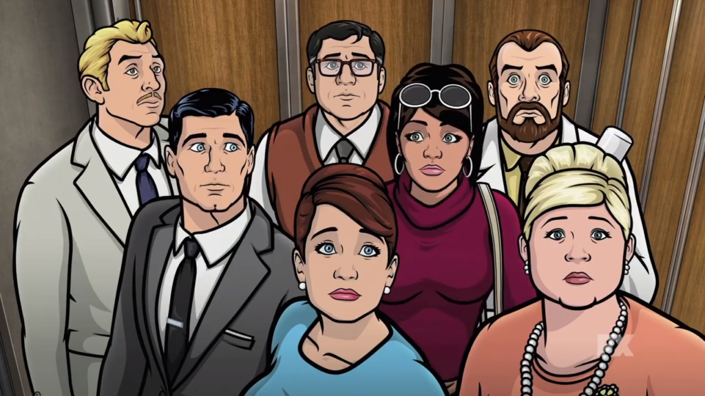 Still from Archer TV show with all the main characters stuck in a lift.