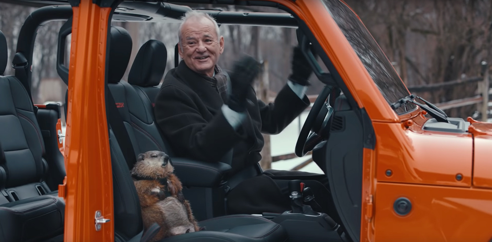 Bill Murray in the Jeep advert from Super Bowl LIV that recreates his famous Groundhog Day character.