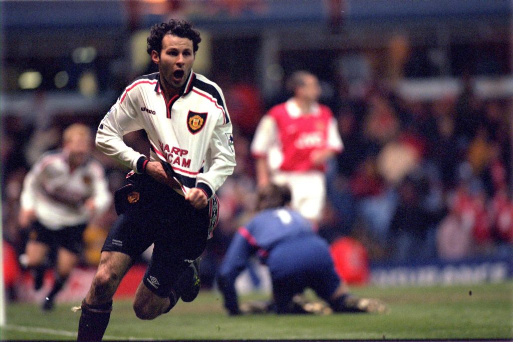 Ryan Giggs reeling away after scoring the winner against Arsenal in the 1999 FA Cup semi-final.